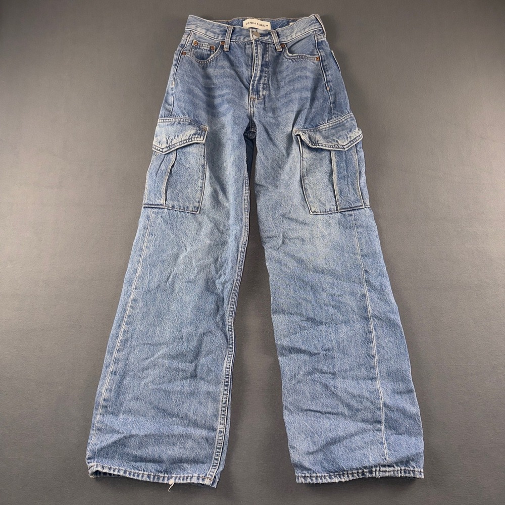 Denim Forum The Farrah Hi-Rise Wide Leg Cargo Jeans Blue 24 100% Cotton